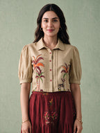 Zummer Women's Beige Embroidered Cotton Top & Skirt Co-Ord Set