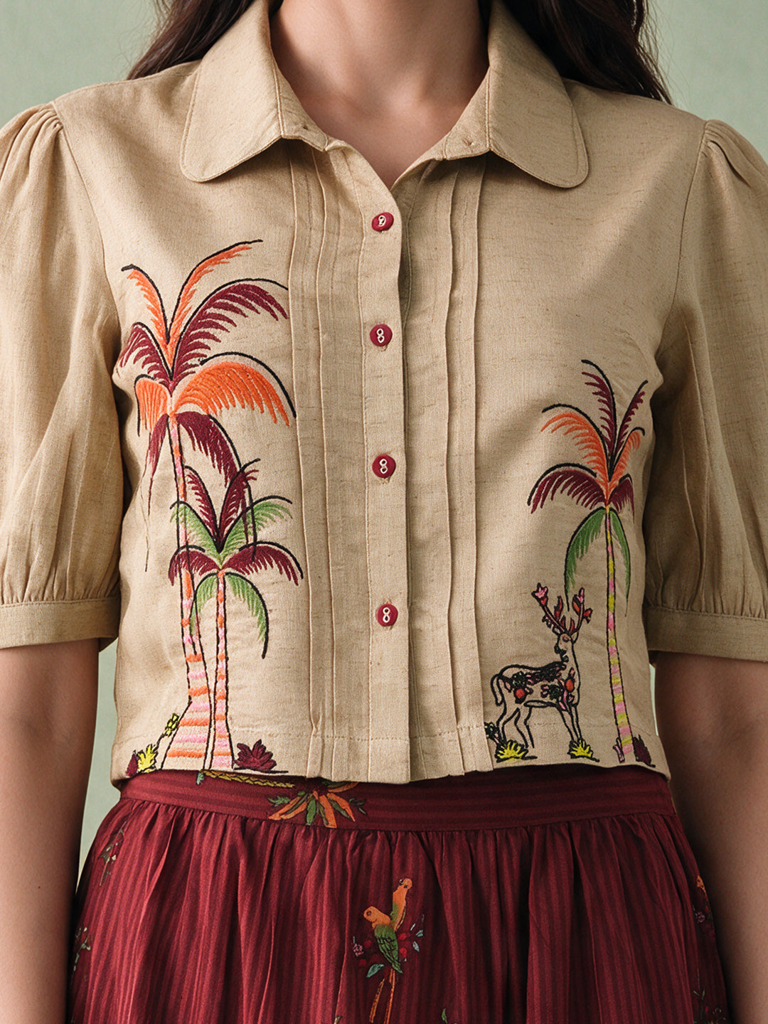 Zummer Women's Beige Embroidered Cotton Top & Skirt Co-Ord Set