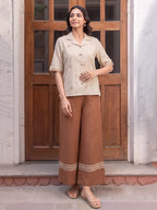 Zummer Women Beige Embroidered Pure Cotton Shirt & Palazzo Co-Ord Set