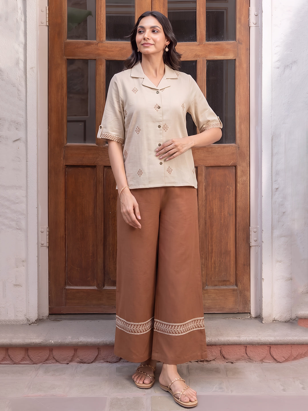 Zummer Women Beige Embroidered Pure Cotton Shirt & Palazzo Co-Ord Set