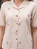 Zummer Women Beige Embroidered Pure Cotton Shirt & Palazzo Co-Ord Set