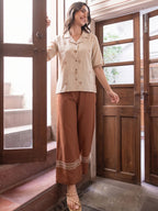 Zummer Women Beige Embroidered Pure Cotton Shirt & Palazzo Co-Ord Set
