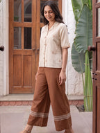 Zummer Women Beige Embroidered Pure Cotton Shirt & Palazzo Co-Ord Set