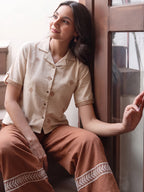 Zummer Women Beige Embroidered Pure Cotton Shirt & Palazzo Co-Ord Set