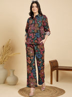 Black Floral Poplin Shirt With Lounge Pants