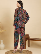 Black Floral Poplin Shirt With Lounge Pants