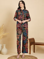 Black Floral Poplin Shirt With Lounge Pants