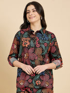Black Floral Poplin Shirt With Lounge Pants