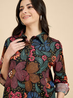 Black Floral Poplin Shirt With Lounge Pants