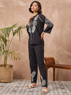 Black Floral Embroidered Shirt & Trouser Co-Ord Set