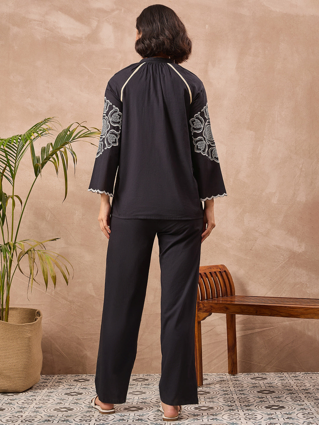 Black Floral Embroidered Shirt & Trouser Co-Ord Set