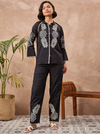 Black Floral Embroidered Shirt & Trouser Co-Ord Set