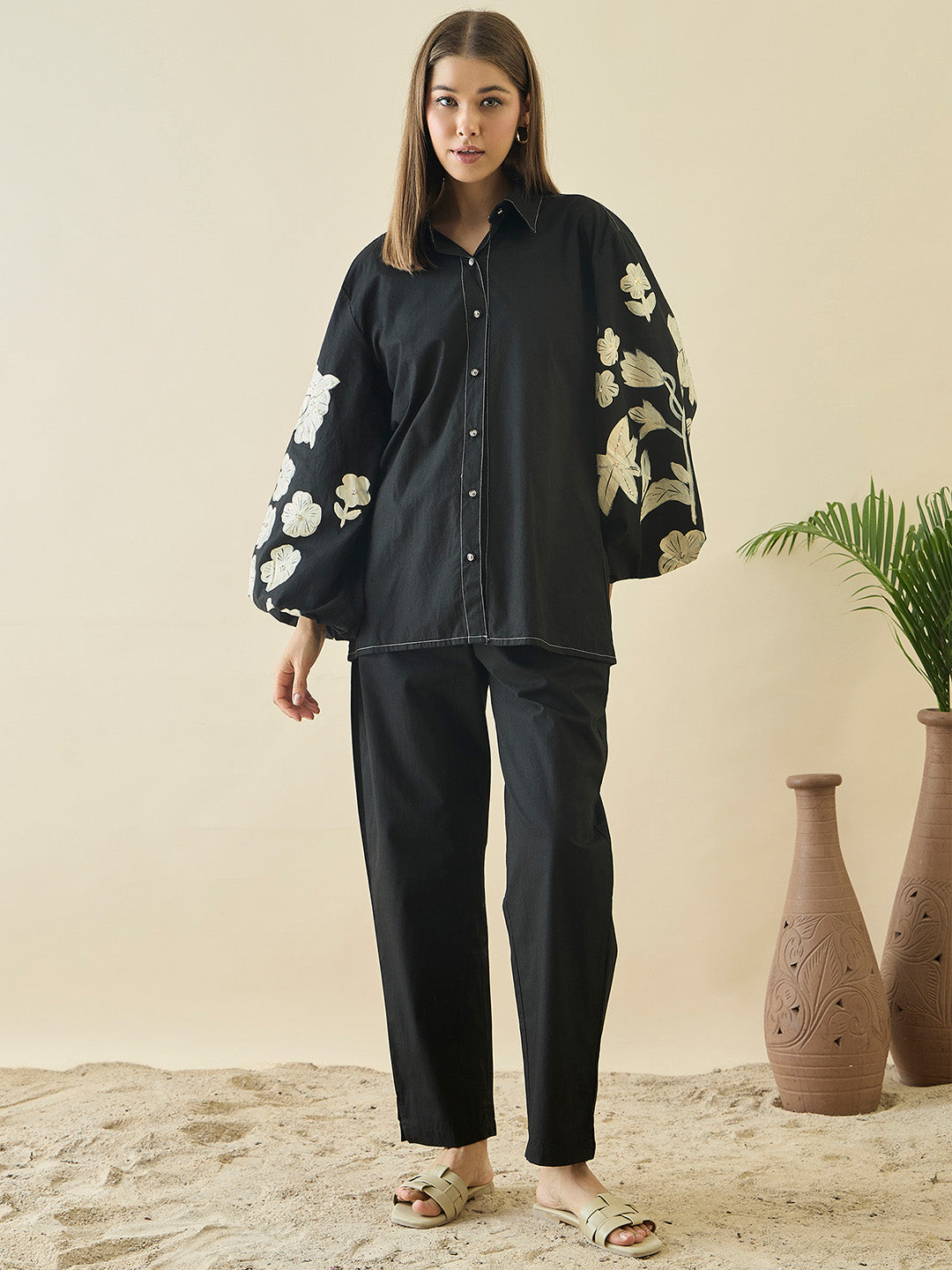 Black Embroidered Collar Shirt With Trousers Co-Ords
