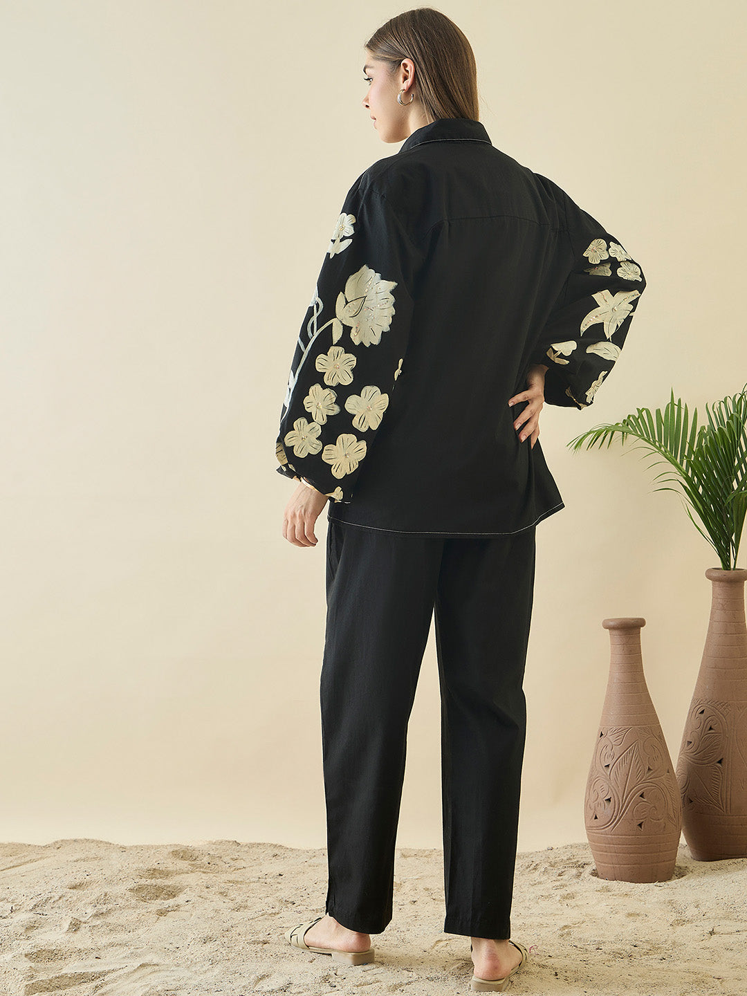 Black Embroidered Collar Shirt With Trousers Co-Ords