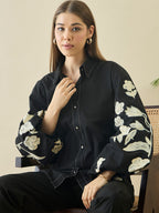 Black Embroidered Collar Shirt With Trousers Co-Ords