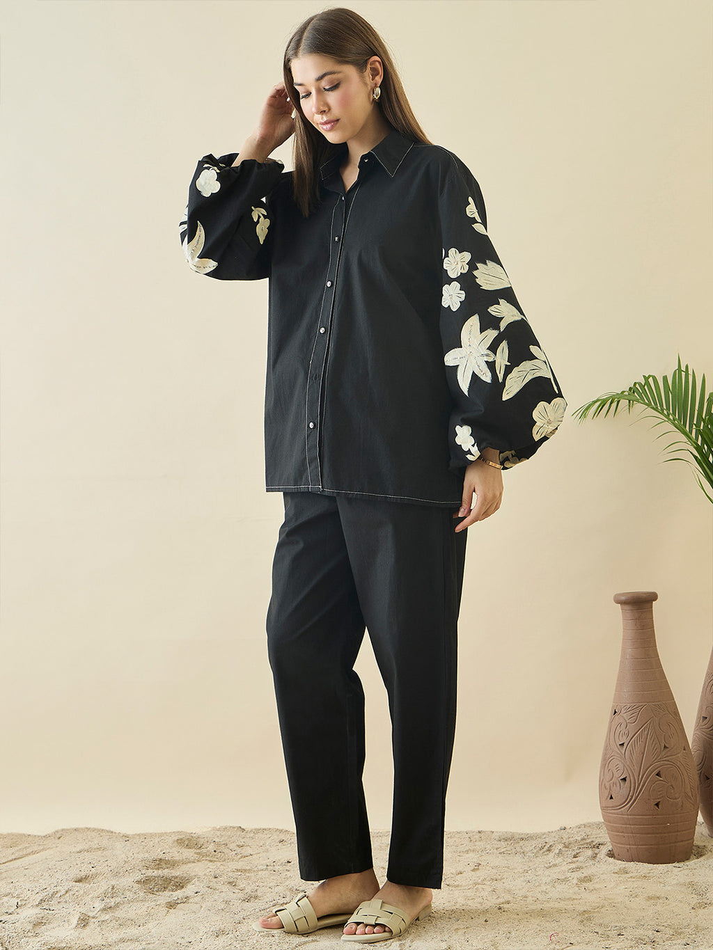 Black Embroidered Collar Shirt With Trousers Co-Ords