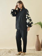 Black Embroidered Collar Shirt With Trousers Co-Ords