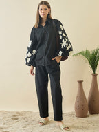 Black Embroidered Collar Shirt With Trousers Co-Ords