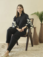 Black Embroidered Collar Shirt With Trousers Co-Ords