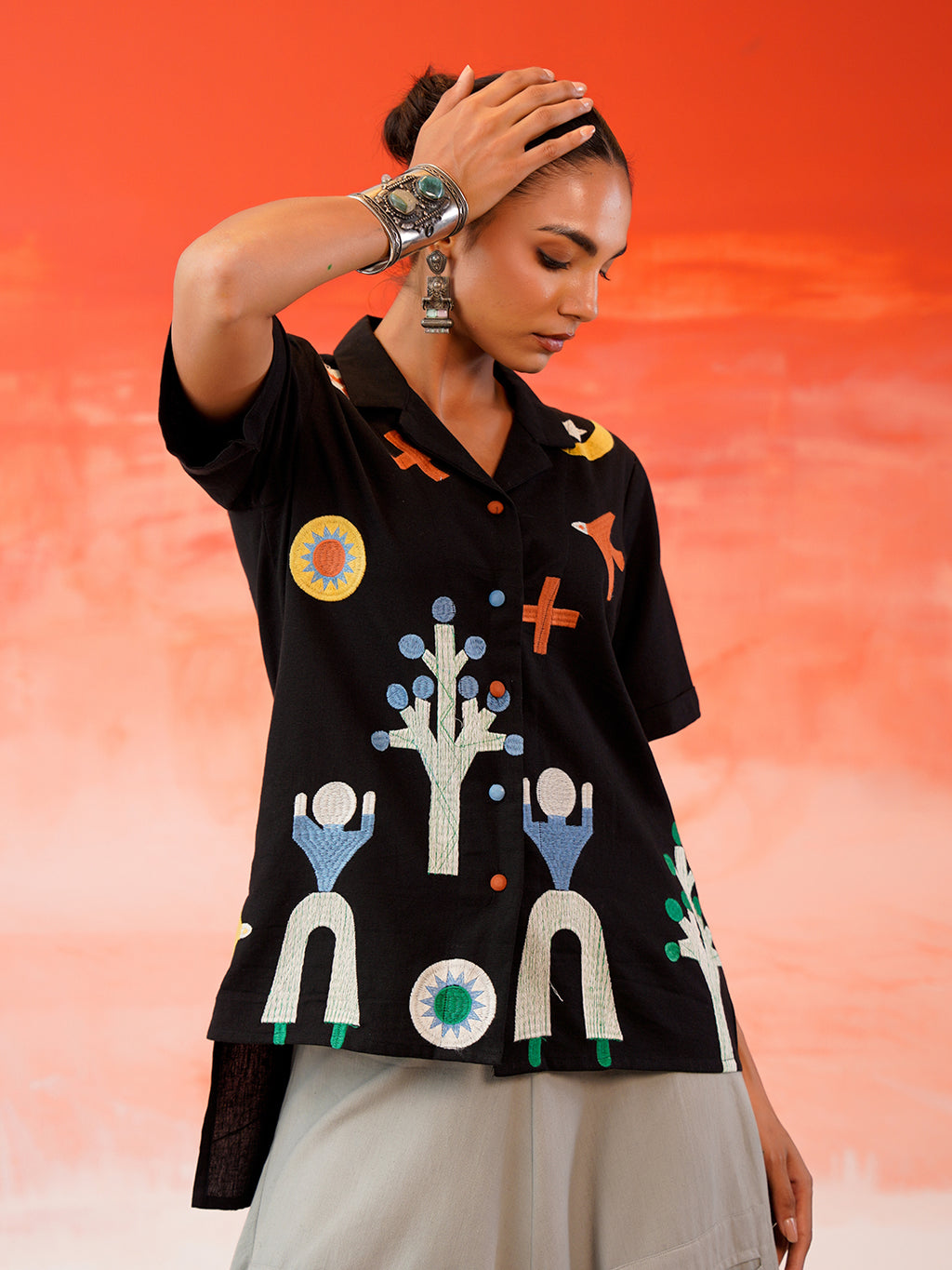 Zummer Embroidered Cotton Co-Ord Set with Shirt & Skirt – Black, Charcoal & Grey