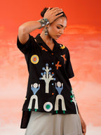 Zummer Embroidered Cotton Co-Ord Set with Shirt & Skirt – Black, Charcoal & Grey
