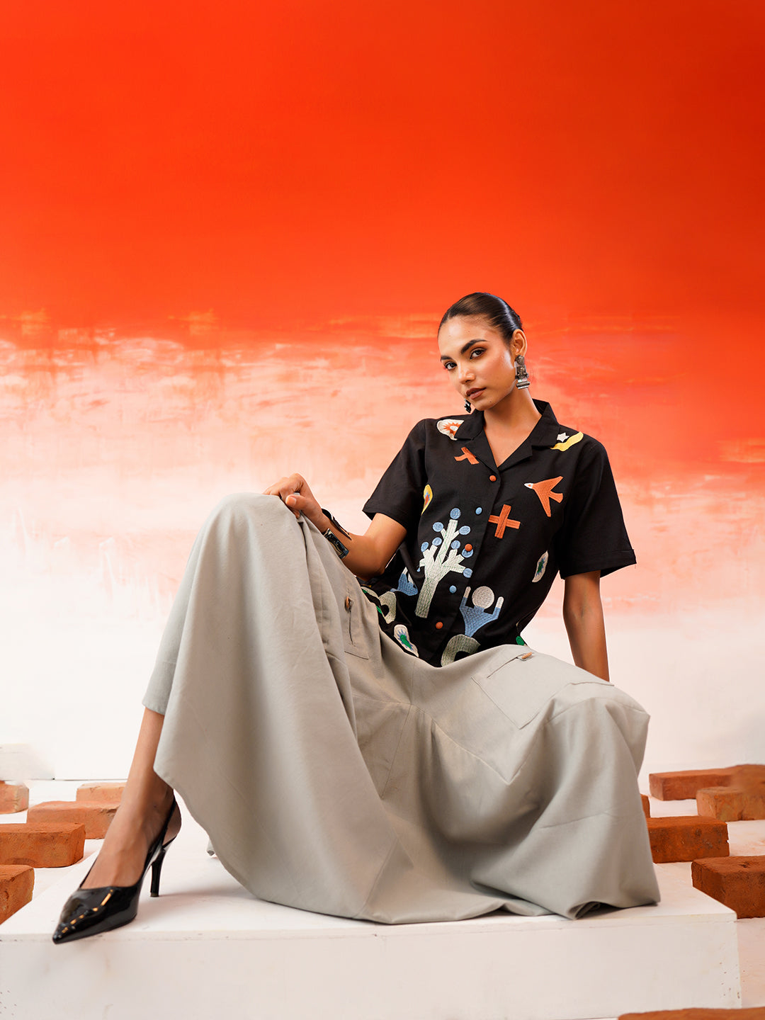 Zummer Embroidered Cotton Co-Ord Set with Shirt & Skirt – Black, Charcoal & Grey