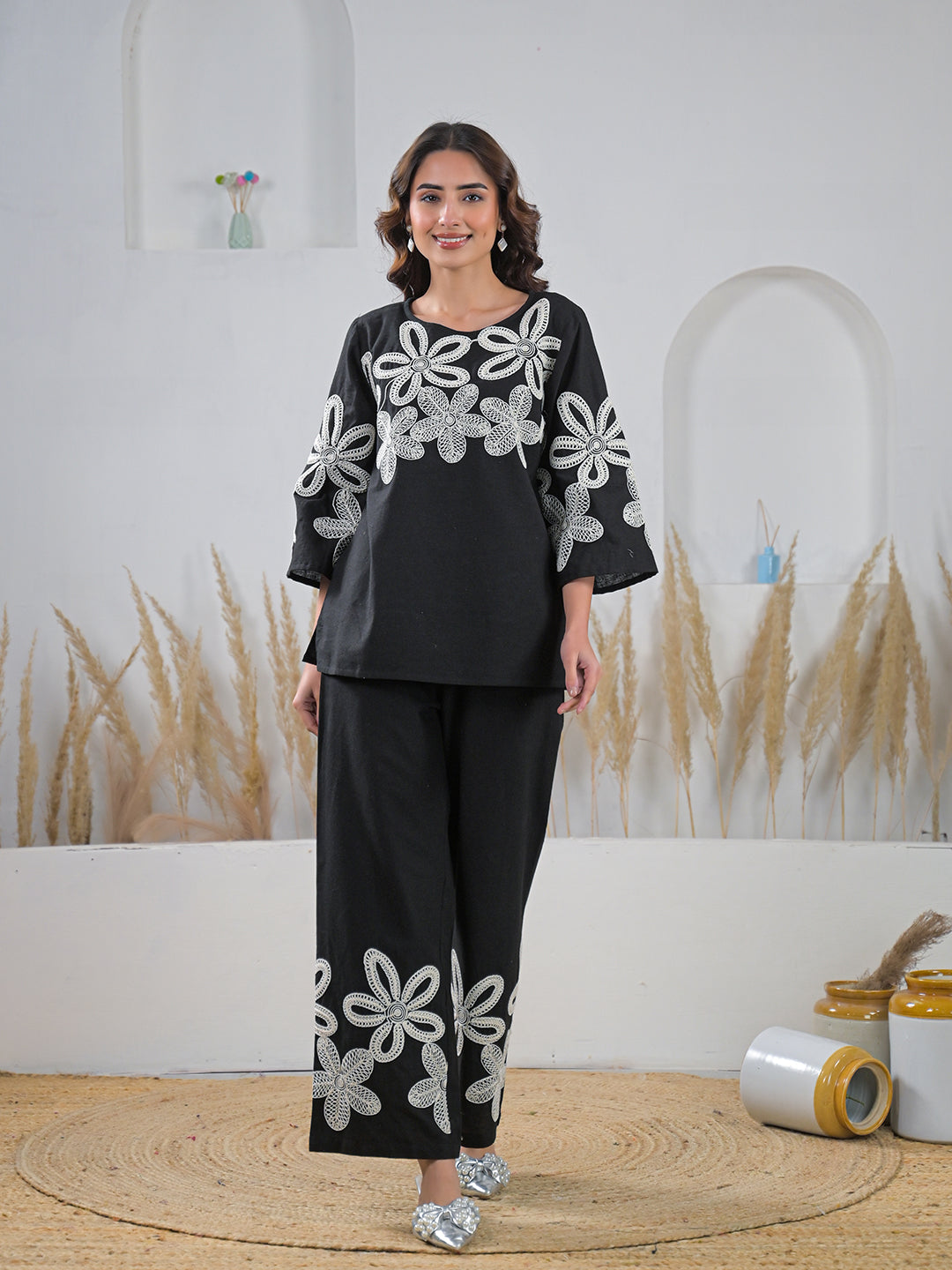 Zummer Co-ord Set – Black Embroidered Tunic & Palazzos