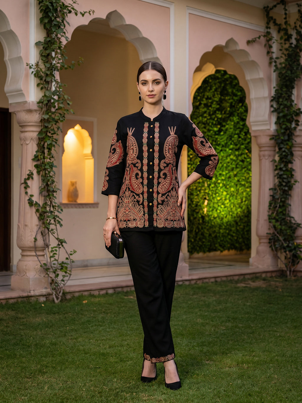 Zummer Embroidered Co-ord Set – Black Shirt & Trousers