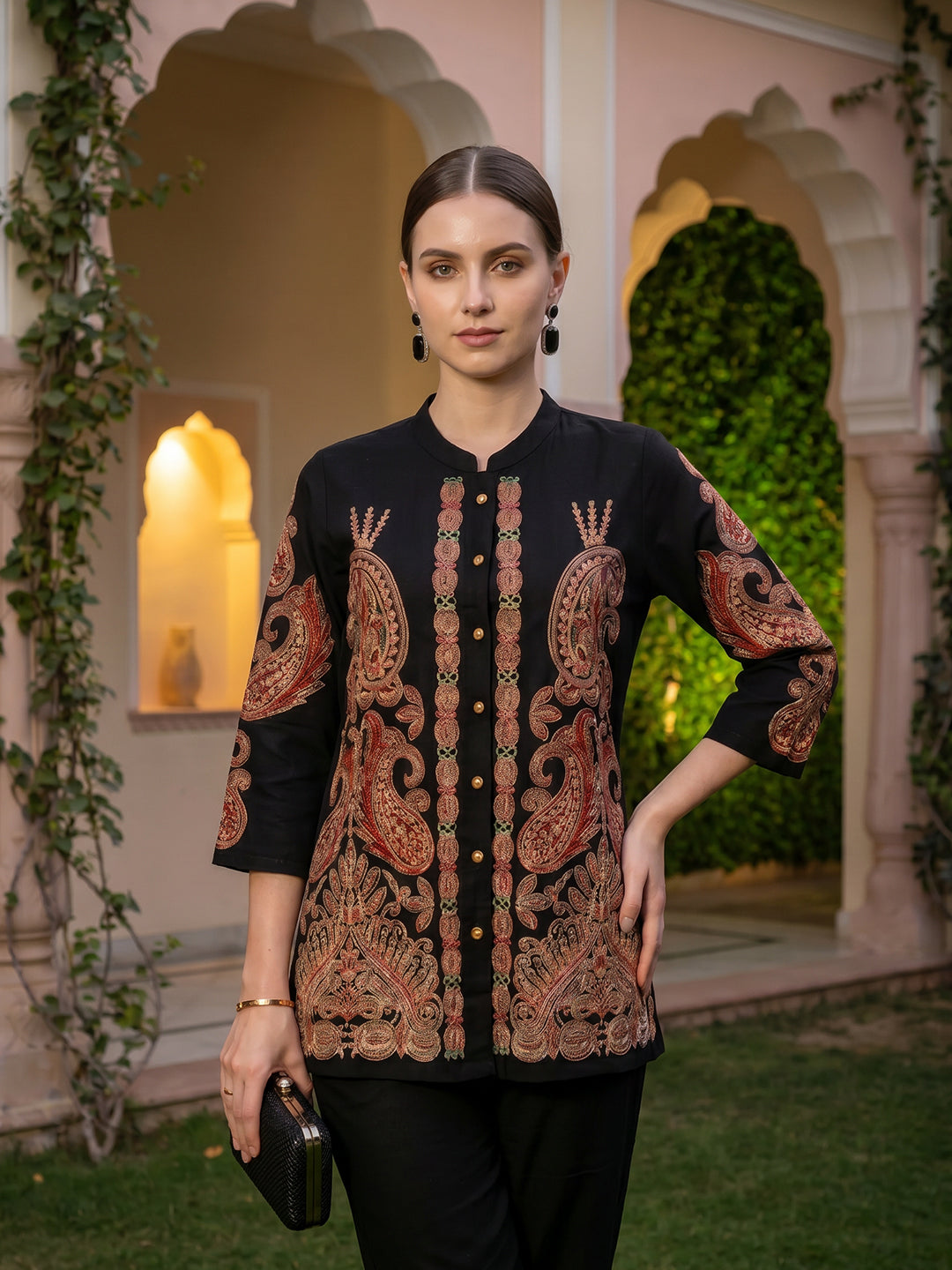 Zummer Embroidered Co-ord Set – Black Shirt & Trousers