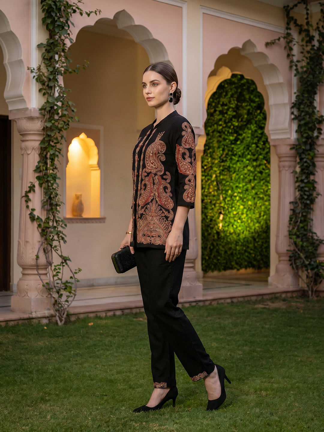 Zummer Embroidered Co-ord Set – Black Shirt & Trousers