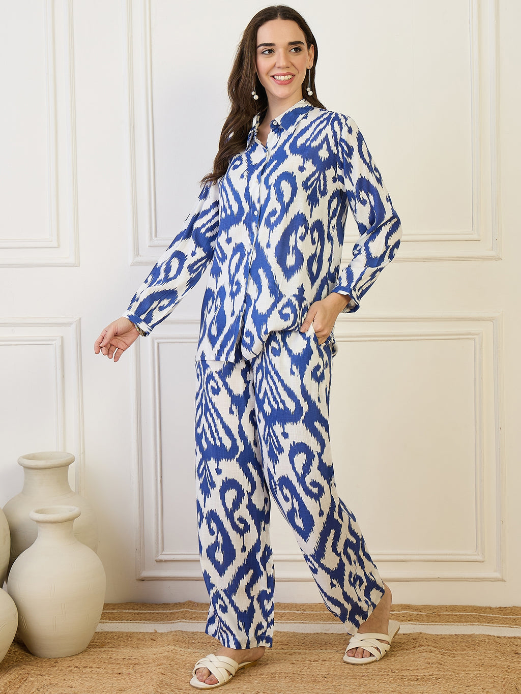 Blue Cotton Ikkat Print Shirt With Trouser Co-Ords Set