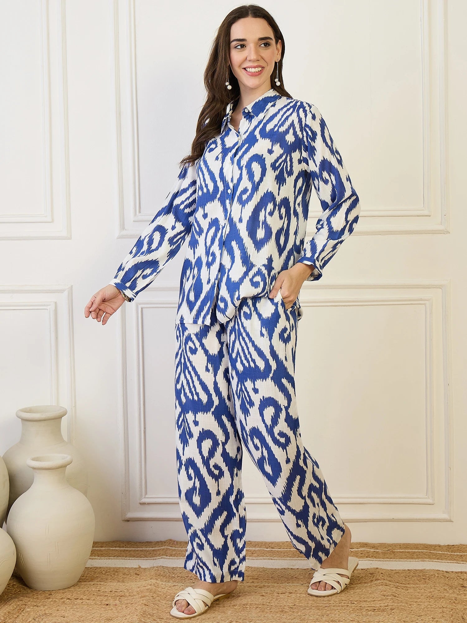 Blue Ikkat Printed Shirt & Trouser Co-Ord Set
