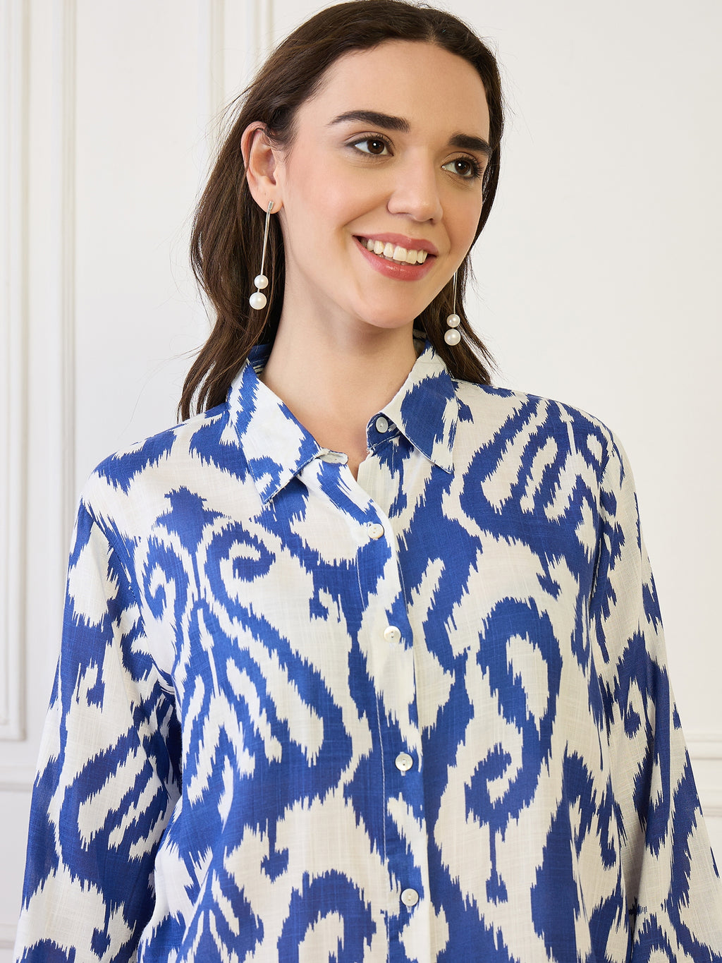 Blue Cotton Ikkat Print Shirt With Trouser Co-Ords Set