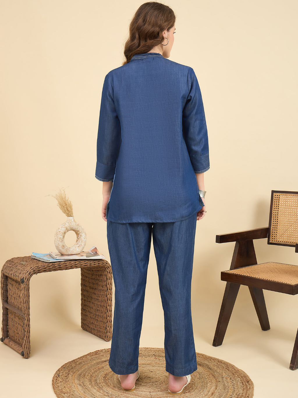 Blue Embroidered Tunic and Trouser Co-Ords Set