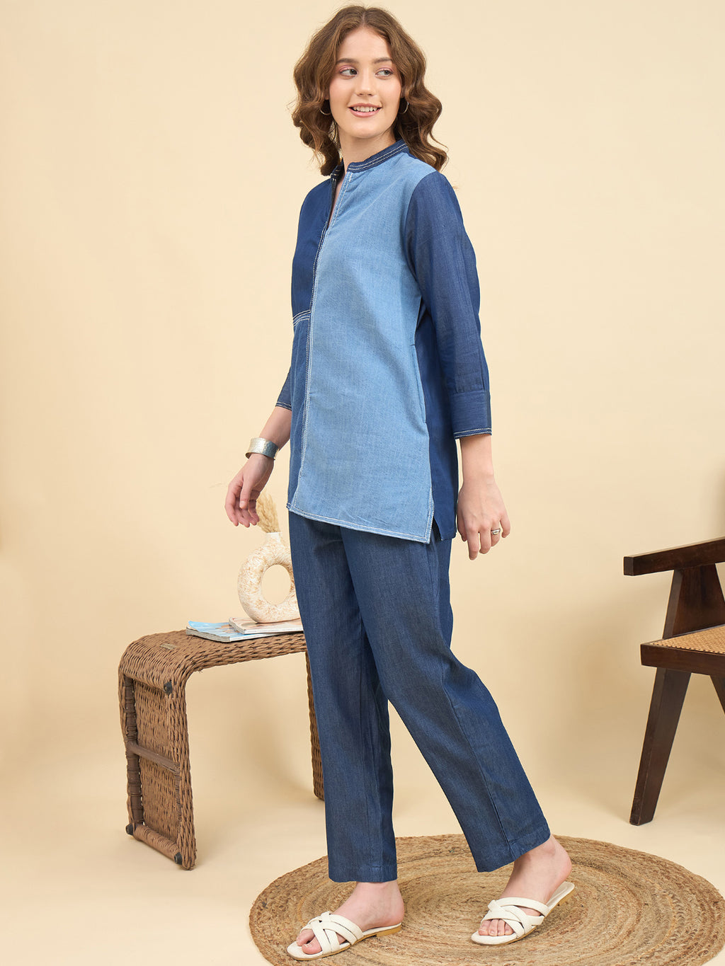 Blue Embroidered Tunic and Trouser Co-Ords Set