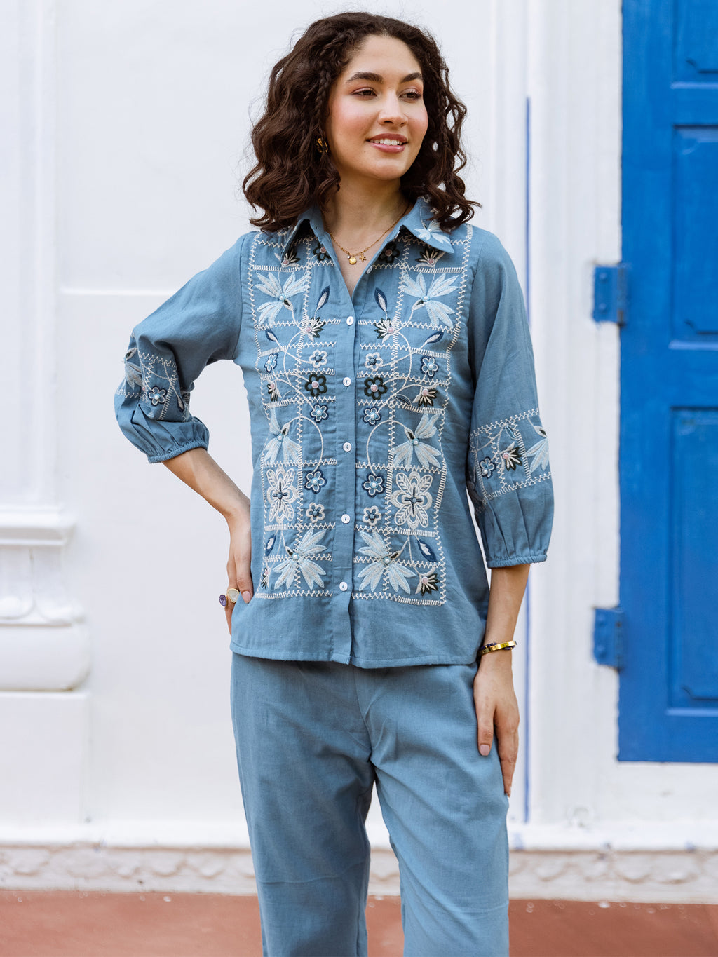 Cotton Embroidered Shirt With TrouserCo-Ords Set