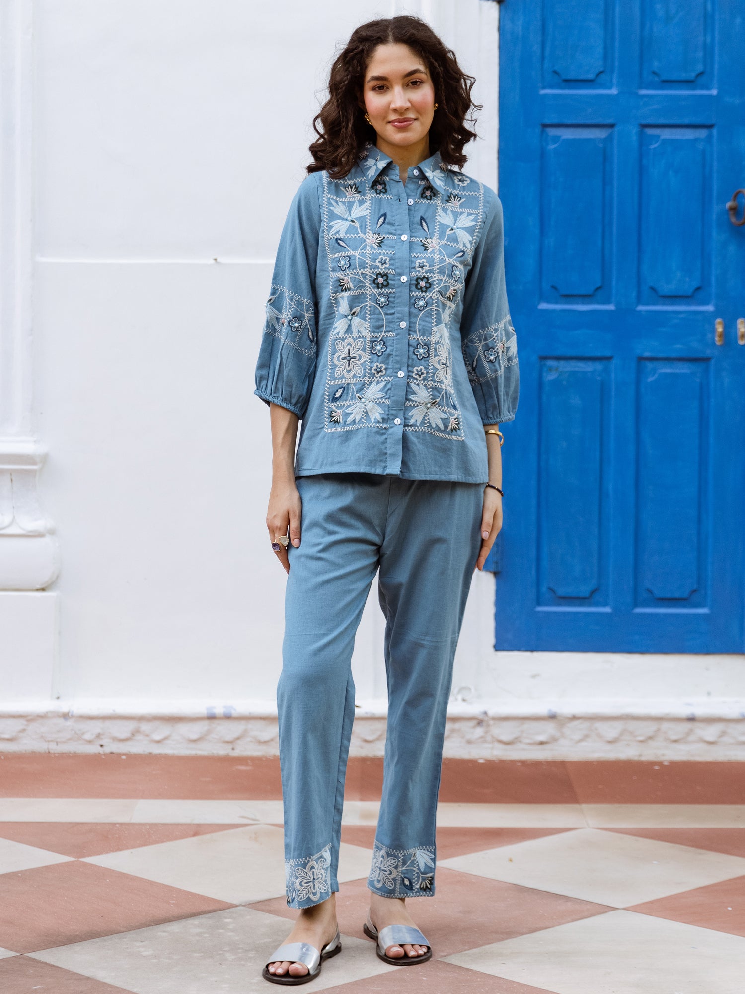 Cotton Embroidered Shirt With TrouserCo-Ords Set