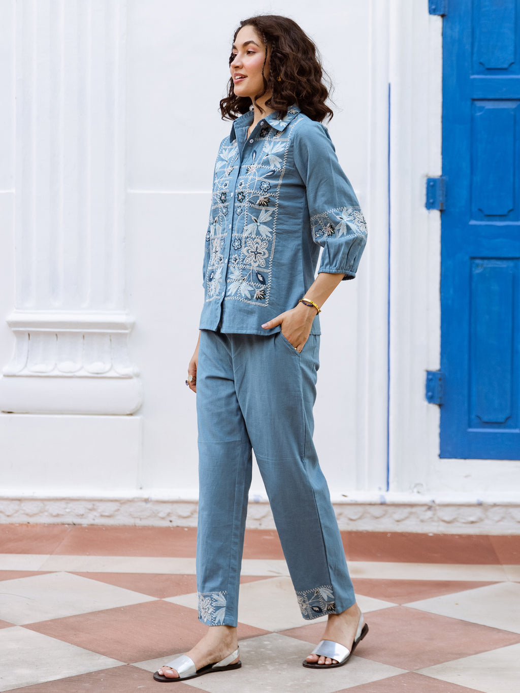 Cotton Embroidered Shirt With TrouserCo-Ords Set