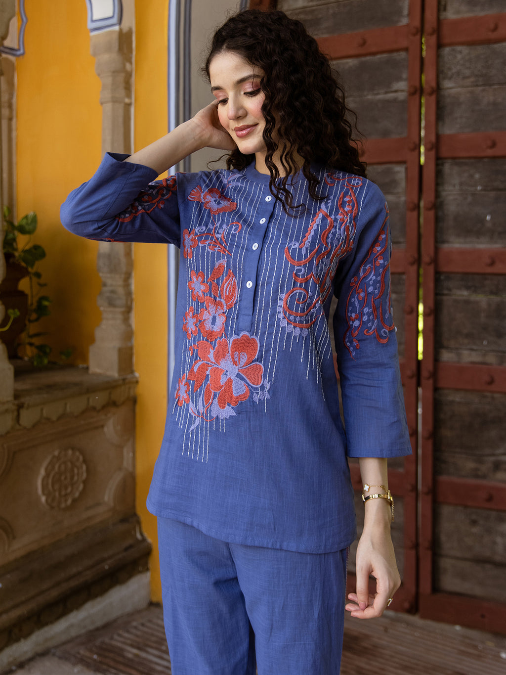 Cotton Embroidered Tunic With Trouser Co-Ords Set