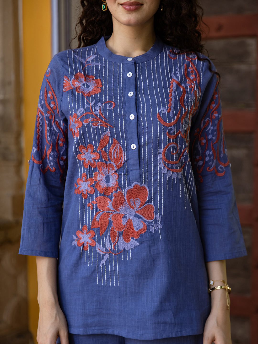 Cotton Embroidered Tunic With Trouser Co-Ords Set