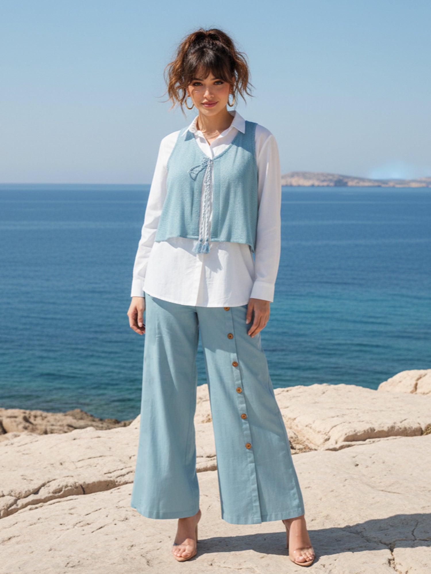 Zummer Layered Co-ord Set – Blue Cotton Shirt &amp; Palazzos