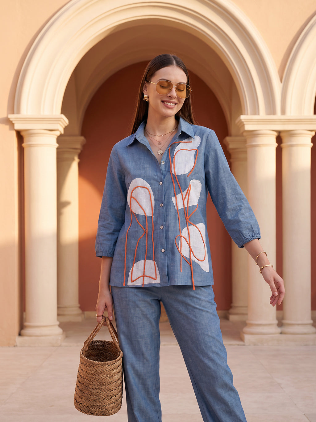 Zummer Women's Blue Embellished Cotton Co-Ord Set with Shirt Collar