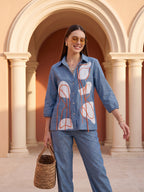 Zummer Women's Blue Embellished Cotton Co-Ord Set with Shirt Collar