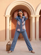 Zummer Women's Blue Embellished Cotton Co-Ord Set with Shirt Collar