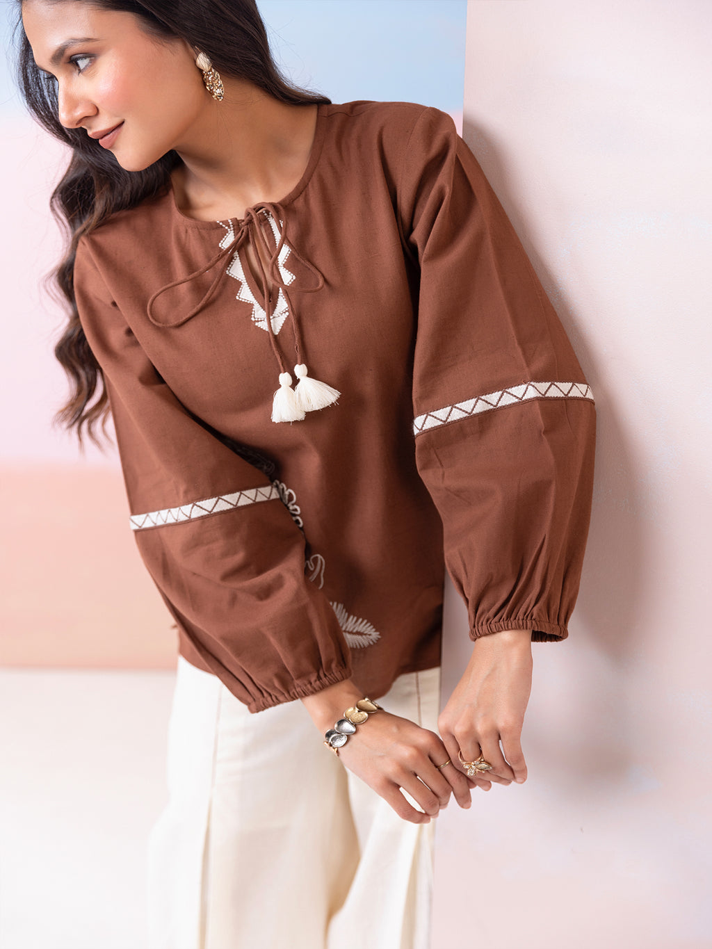 Cotton Embroidered Tunic With Pleated Wide-Leg Trouser Co-Ords Set