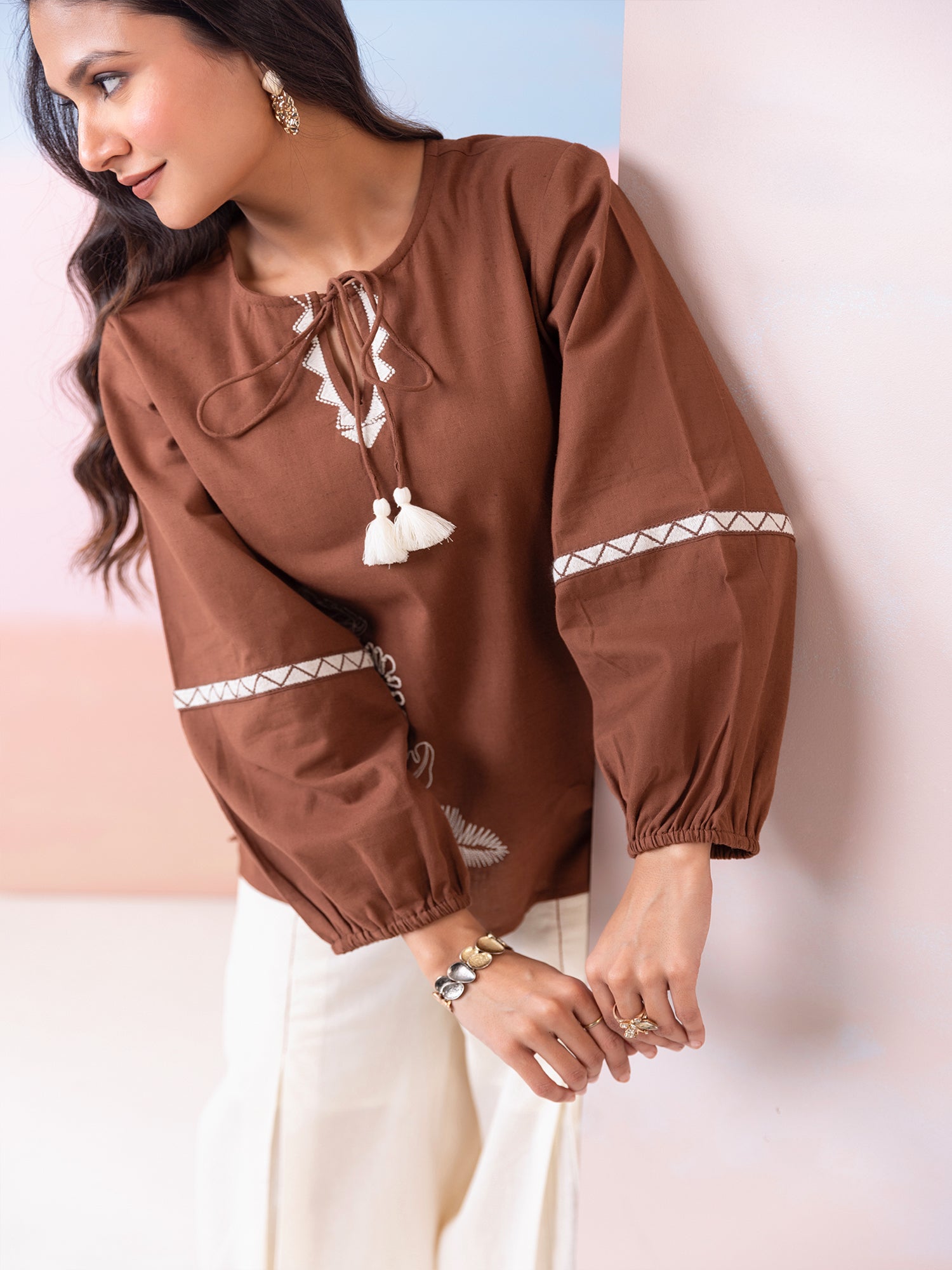 Cotton Embroidered Tunic With Pleated Wide-Leg Trouser Co-Ords Set