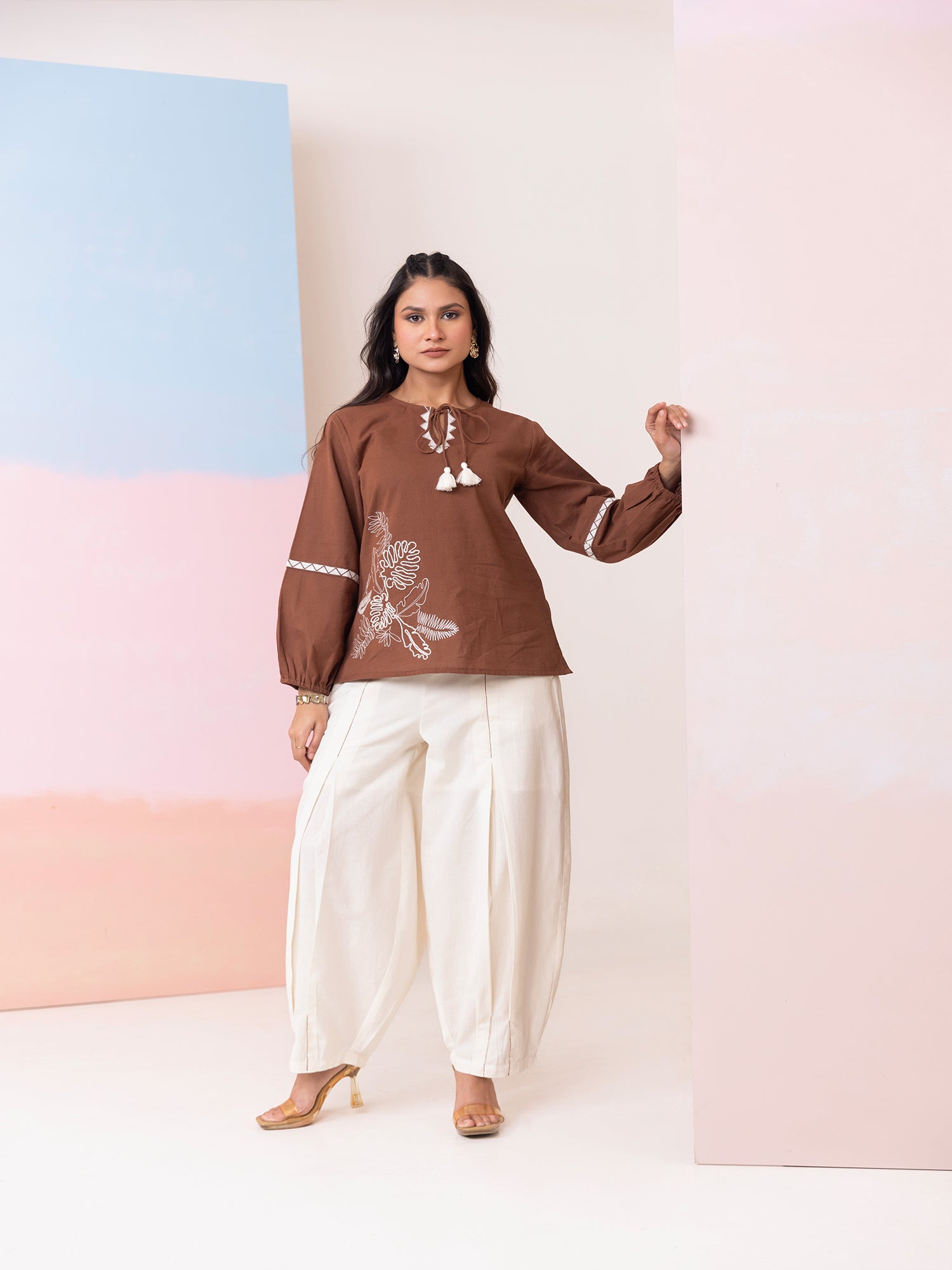 Cotton Embroidered Tunic With Pleated Wide-Leg Trouser Co-Ords Set