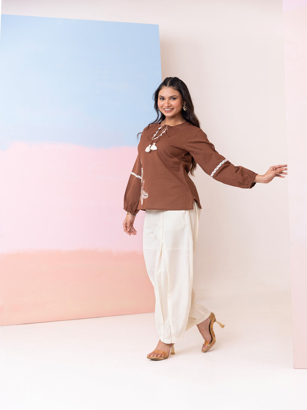 Cotton Embroidered Tunic With Pleated Wide-Leg Trouser Co-Ords Set