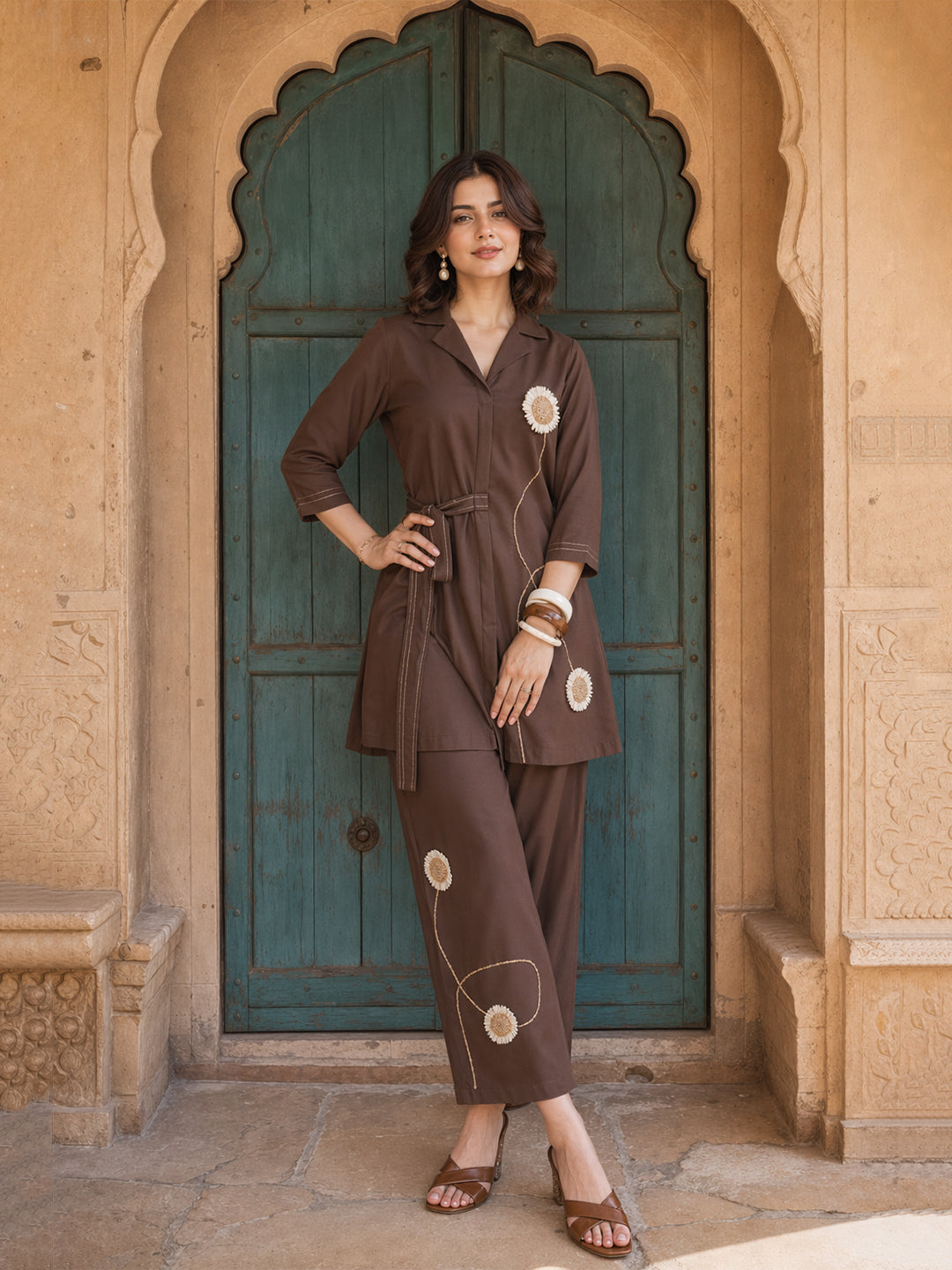 Zummer Women Brown Embellished Cotton Co-Ord Set