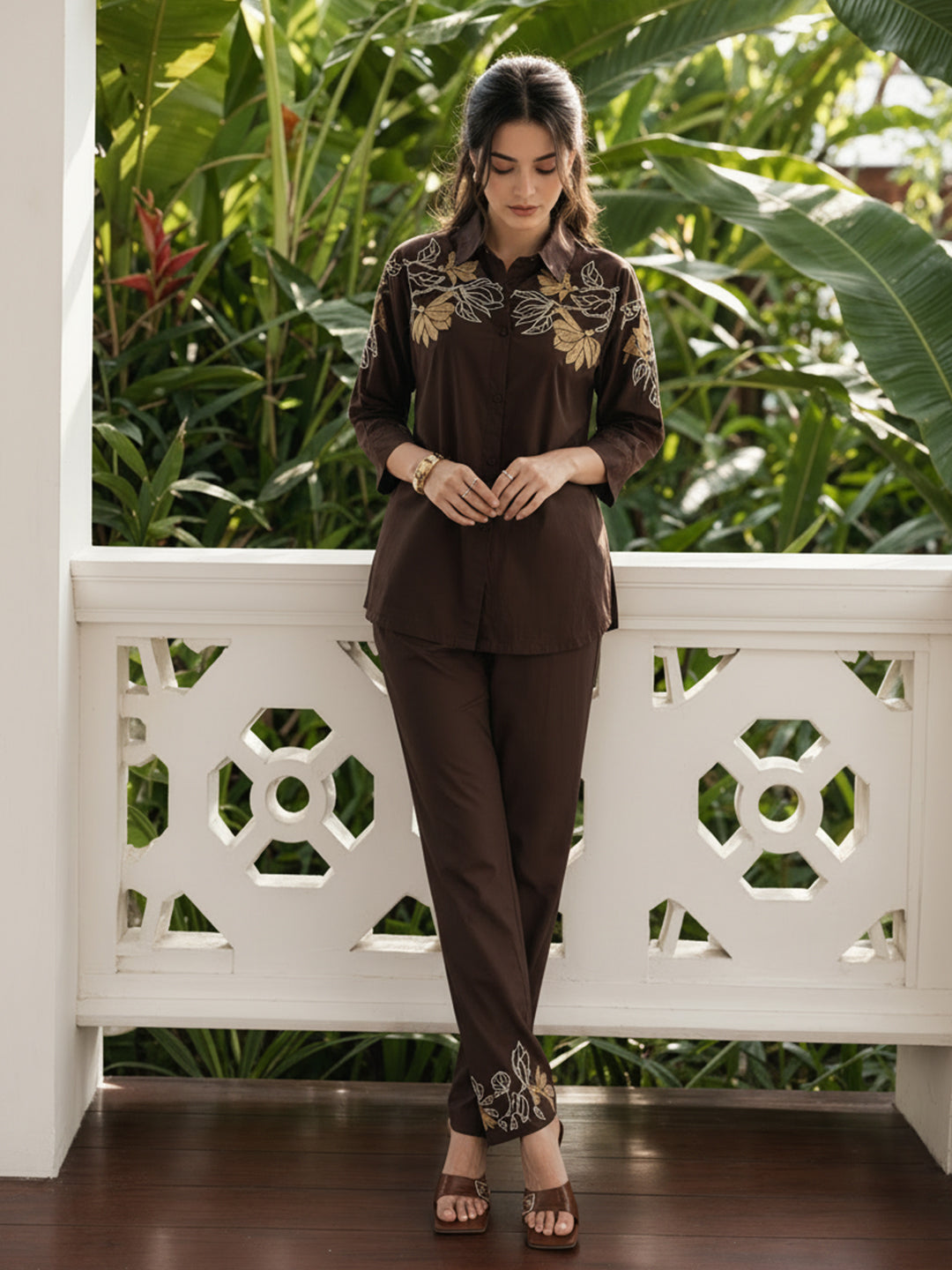 Zummer Brown Embroidered Cotton Co-Ord Set for Women